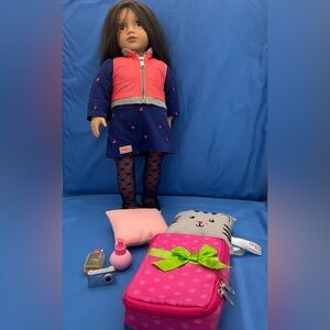 Our generation doll Leslie 18 in W/ 2 pillows and a suitcase and 3 accessories